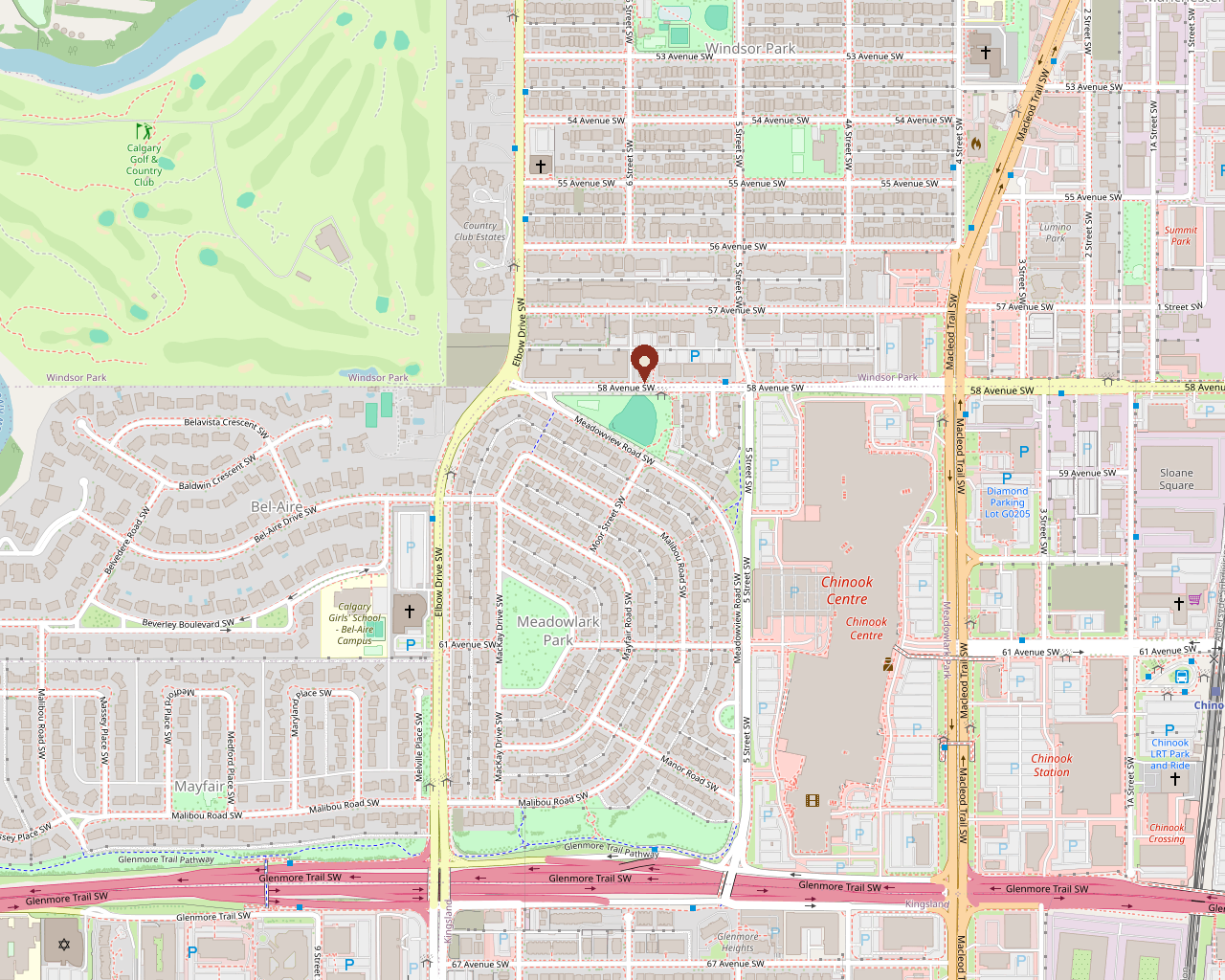 Map of 630 58 Ave SW, Calgary, showing Windsor Park and Chinook Centre