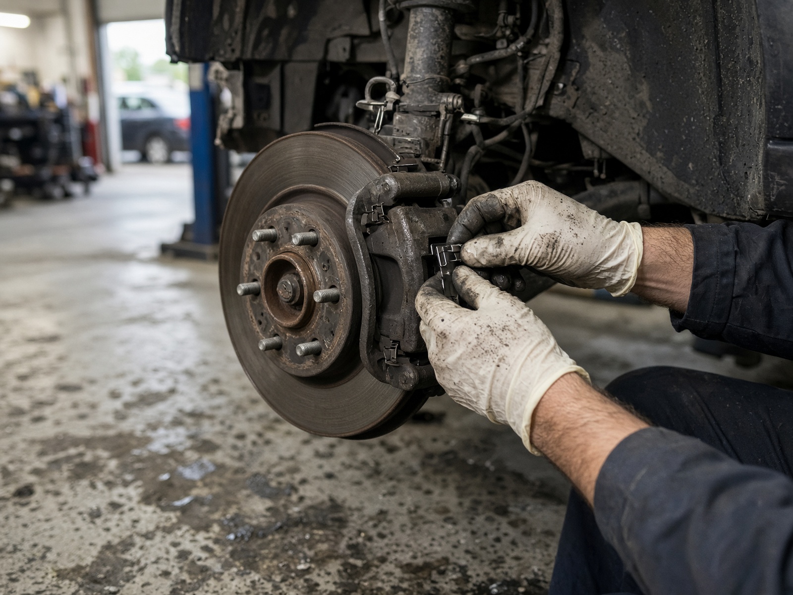 Brake pads and rotor being serviced on a passenger car
