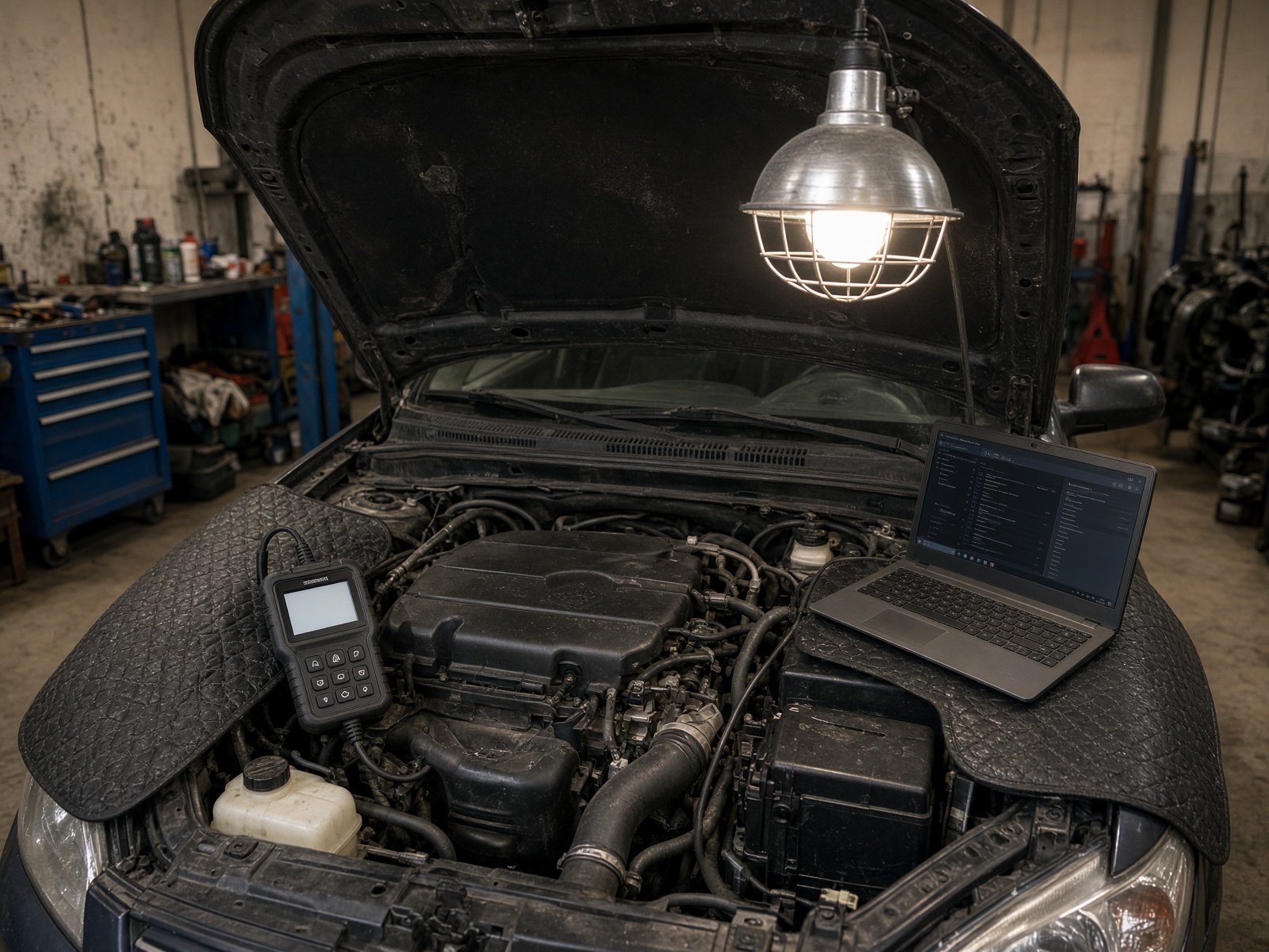 Diagnostic scan connected in a car engine bay