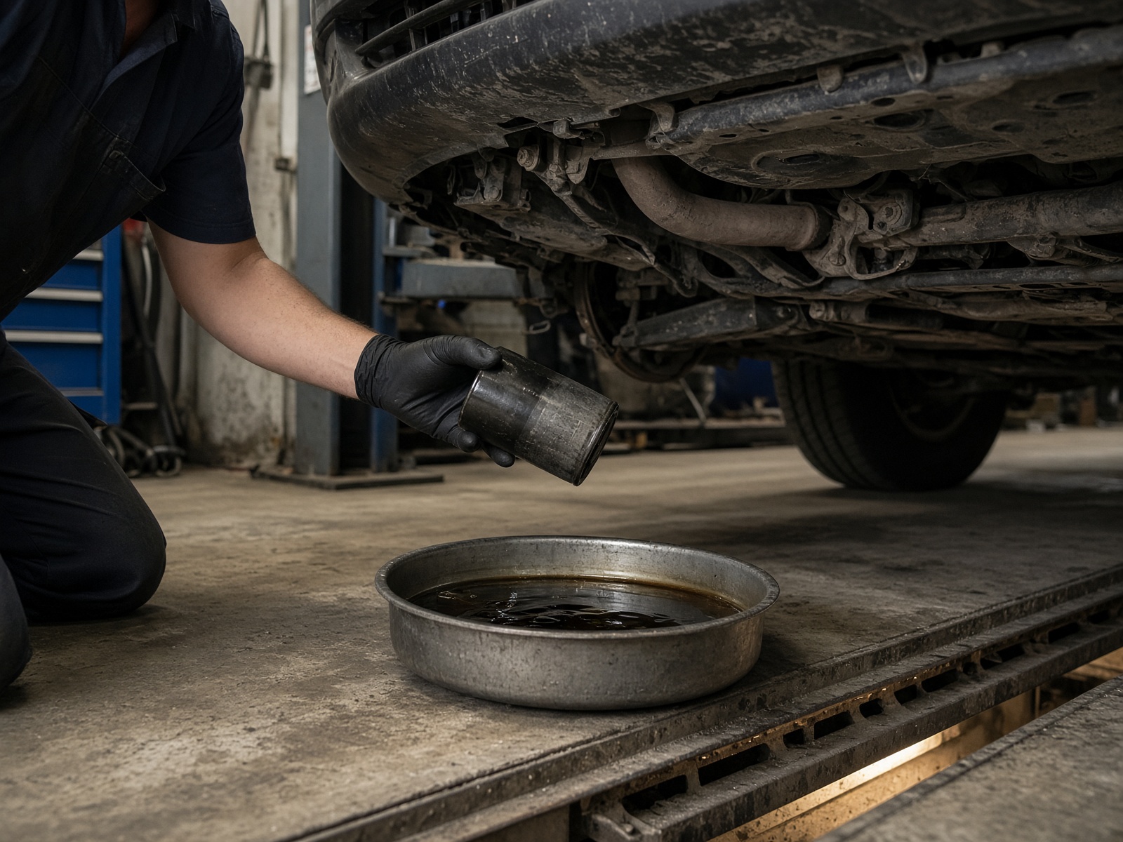 Oil filter being changed in a small independent garage