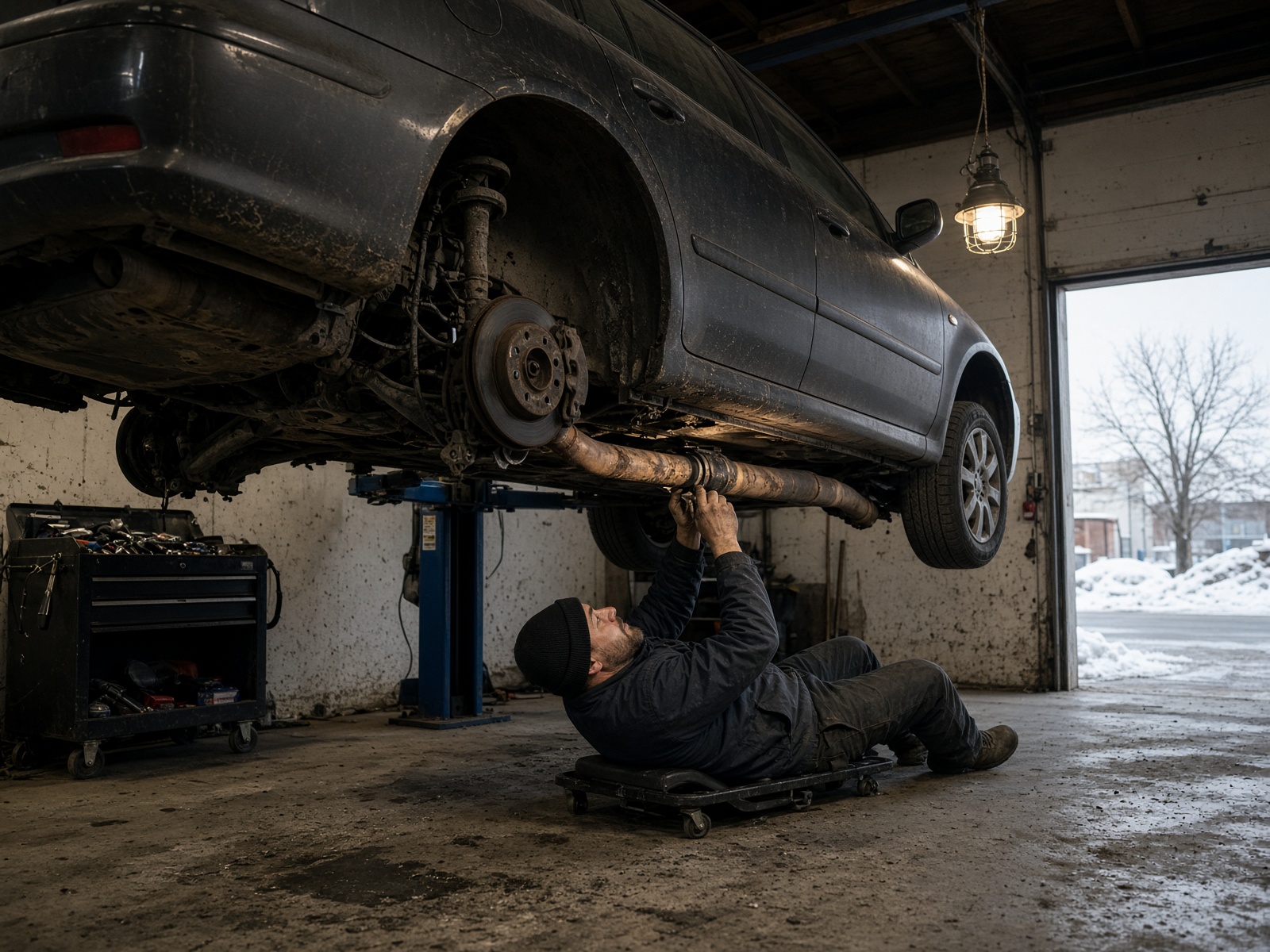 Undercarriage inspection on a raised sedan in a small garage